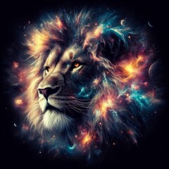 A lion is portrayed within the cosmic space, merging its regal presence with the mysteries of the universe, achieved through captivating photo manipulation and graphic effects.


 - obrazy, fototapety, plakaty