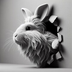 In this 3D rendering, a rabbit is portrayed poking its head out of a wall, creating a whimsical and unexpected sight.






