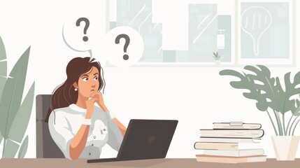 Women thinking with question bubble in the office. Vector art style.