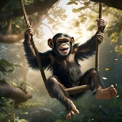 Chimpanzee monkey swinging in the jungle. 3d illustration