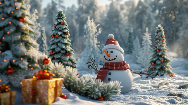 Snowman in pine tree forest in christmas day.AI generated image