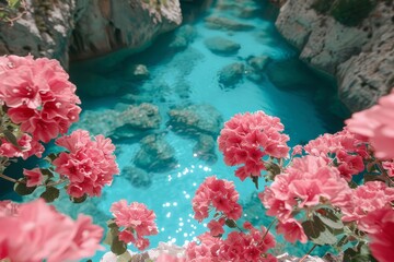 Fototapeta na wymiar River Filled With Pink Flowers Next to Rocks