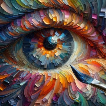 “Fluorite” - oil painting. Conceptual abstract picture of the eye. Oil painting in colorful colors. Conceptual abstract closeup of an oil painting and palette knife on canvas.
