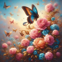 An oil painting portrays the delicate beauty of a butterfly, capturing its intricate wings and graceful form with rich colors and fine detail.






