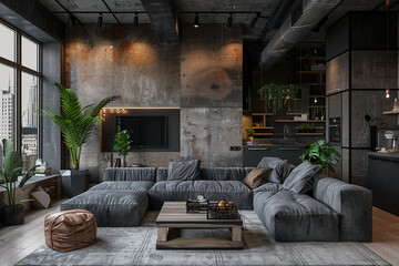 living space in the style of industrial design, nordic and Japanese elements

