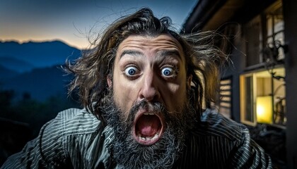 Whimsical Expression: Long-haired Man with Beard Making Playful Face
