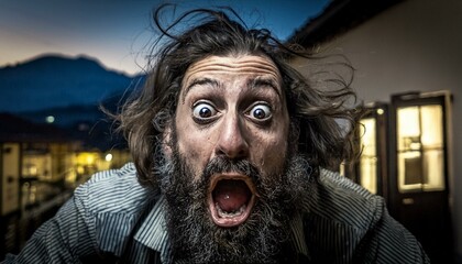 Whimsical Expression: Long-haired Man with Beard Making Playful Face - obrazy, fototapety, plakaty