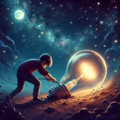 A boy pulls a large bulb emerging from the ground against a backdrop of the starry night sky, depicted in a digital art style with hints of space dust and stars.






