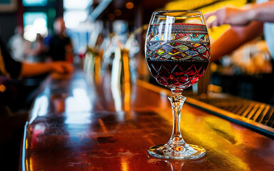 Fototapeta na wymiar Colorful wine glass with wine in a bar