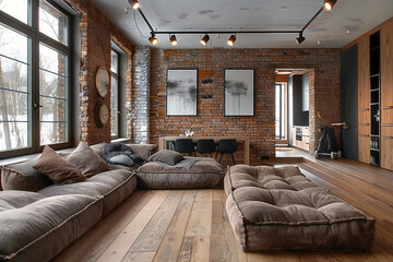 living space in the style of industrial design, nordic and Japanese elements
 - obrazy, fototapety, plakaty
