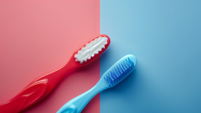 A red toothbrush with blue two-color toothpaste is pictured against a background featuring a human smile, emphasizing dental hygiene and health maintenance.
