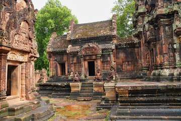 Banteay Srei - 10th century Hindu temple and masterpiece of old Khmer architecture built by...