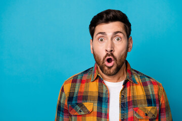 Photo of impressed funny man with beard dressed checkered shirt staring open mouth at awesome sale...