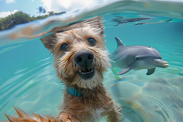 dog selfie with a dolphin