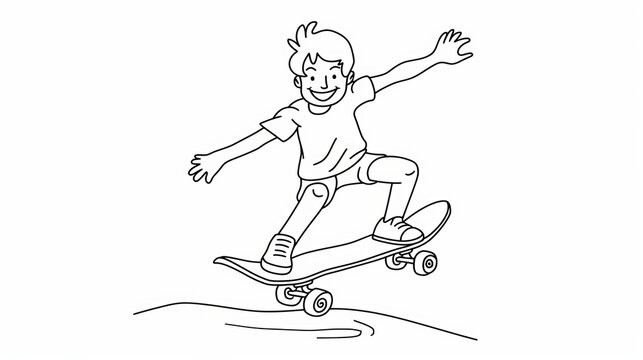 A single continuous line drawing depicts a happy smiling boy playing on a skateboard, showcasing a child accelerating and doing jumps.