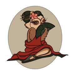 Flat vector owl.  Painted owl. Owl humanoid sitting and holding fan, flowers in hair