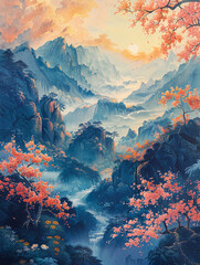 Ink style rolling hills, knitting, wool, fiber art, gauze, colorful peach blossoms and green trees, sunlight shining through the mountains to the river flowing below, surrounded by clouds and mist, ye