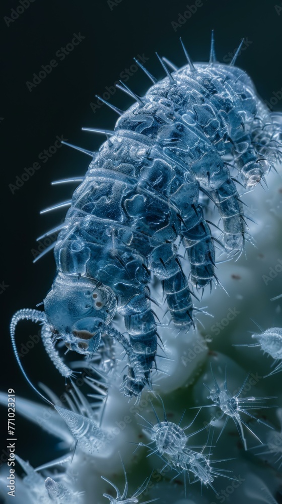Poster a close-up of a small bug on a plant with a blue background. generative ai.