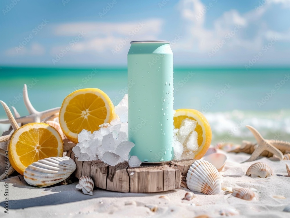 Aufkleber a can of soda on a beach with ice and sea shells. generative ai.