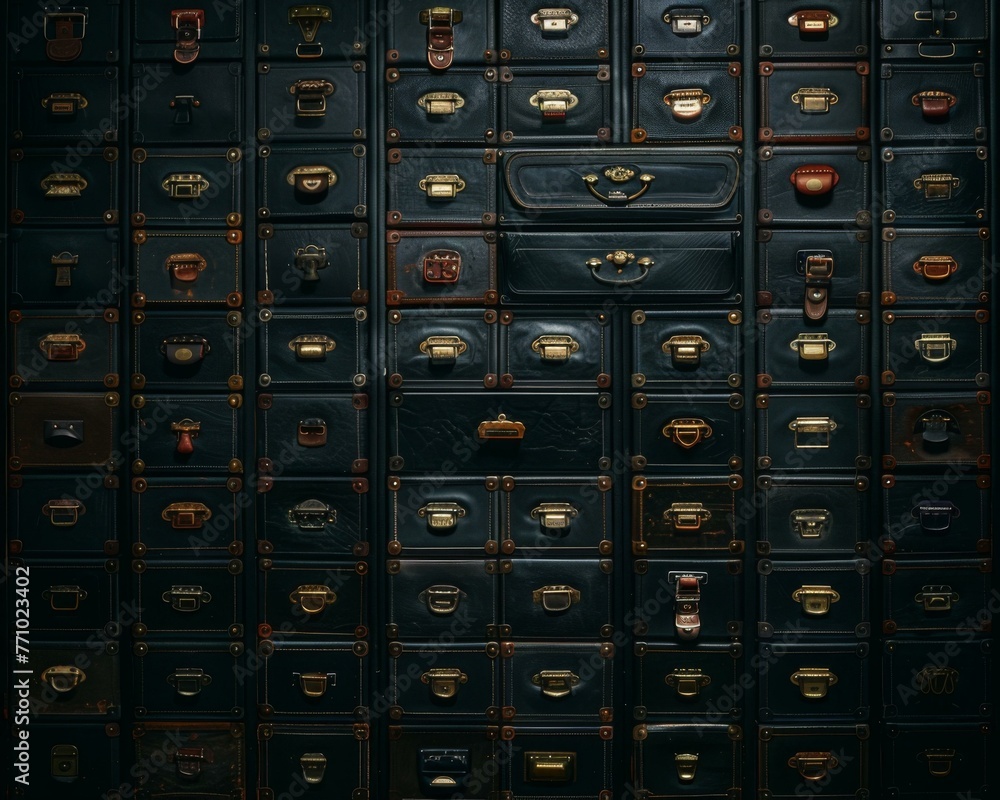 Poster a wall of drawers with many different types of locks on them. generative ai.