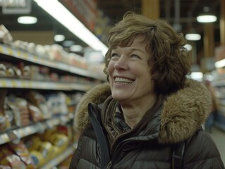 A woman in a coat smiles while shopping in a grocery store. Generative AI.