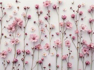 A bunch of pink flowers are arranged on a white wall. Generative AI.