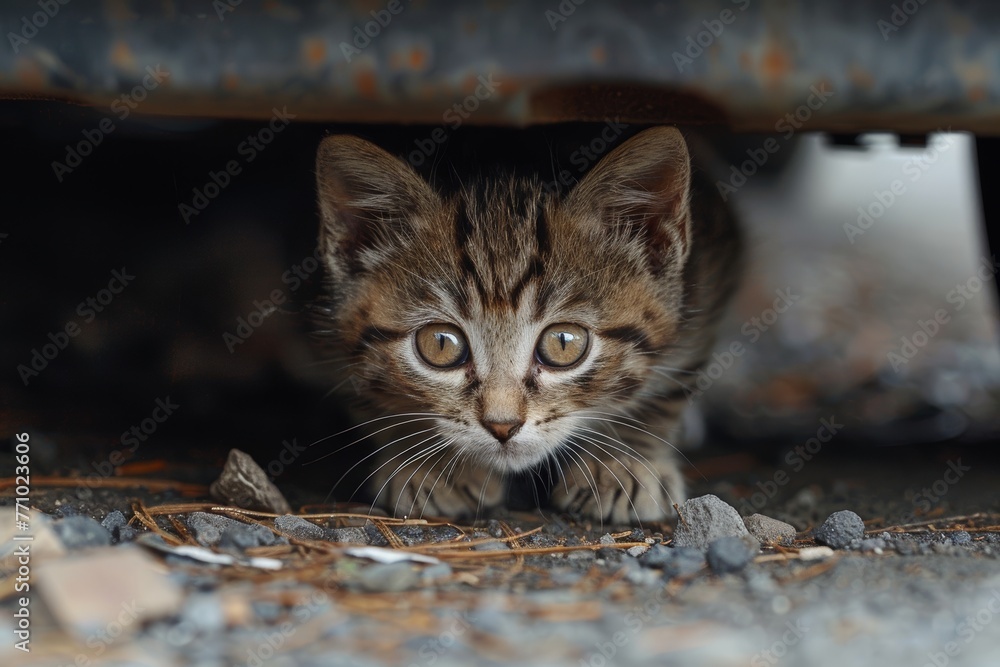 Poster curious kitten exploring under a car generative ai