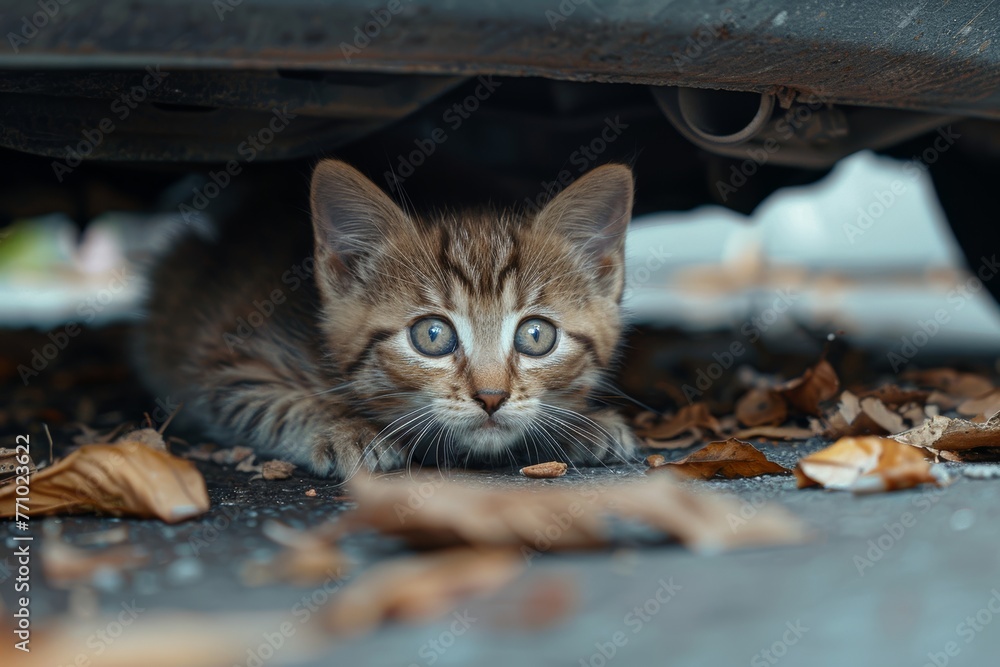 Poster curious kitten exploring under a car generative ai