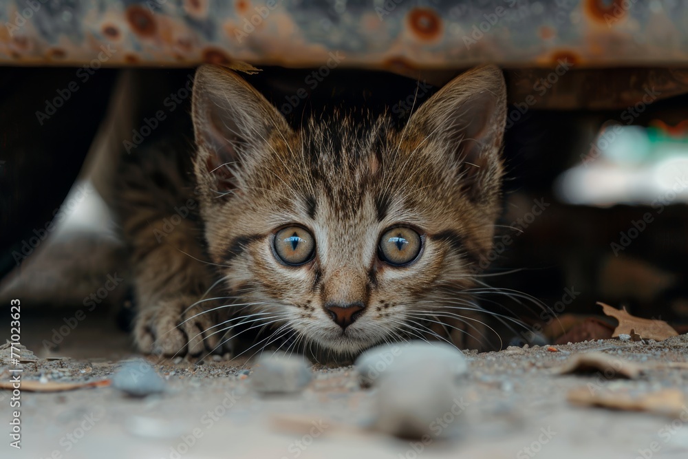 Poster curious kitten peeking from under a vehicle generative ai