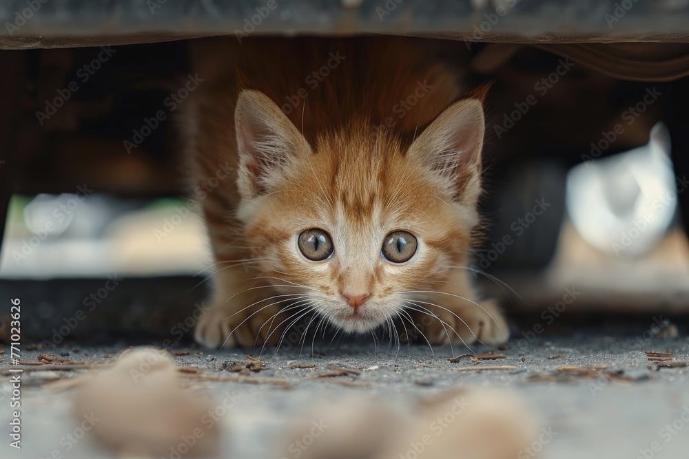 Poster curious kitten peeking from under a vehicle generative ai