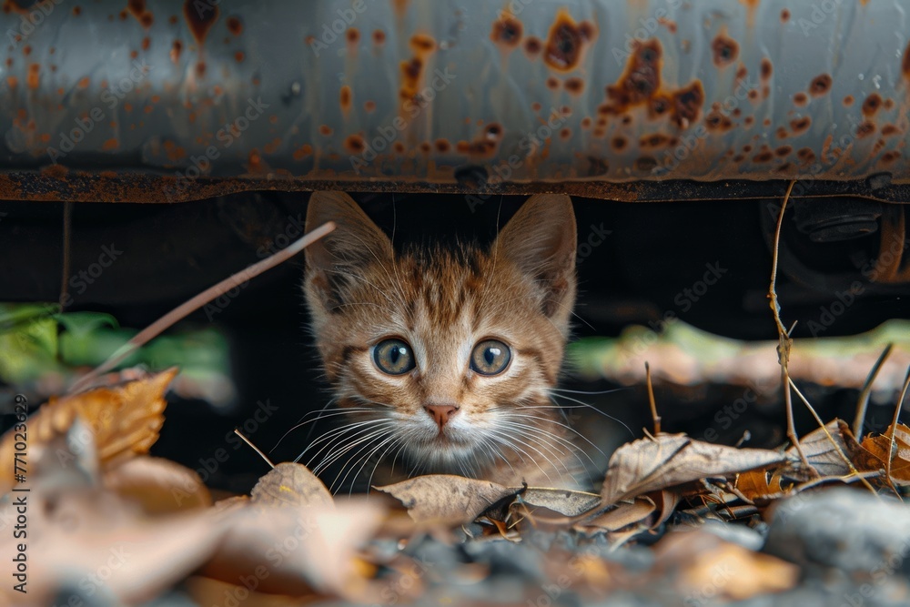 Poster curious kitten peeking from under a vehicle generative ai