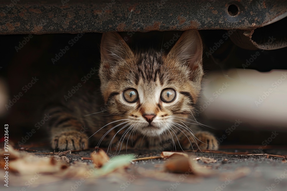 Poster curious kitten peeking from under a vehicle generative ai