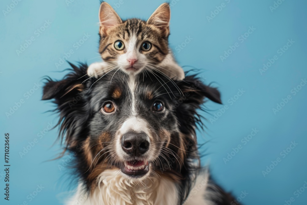 Poster adorable black and white border collie with a cat on its head posing for the camera generative ai