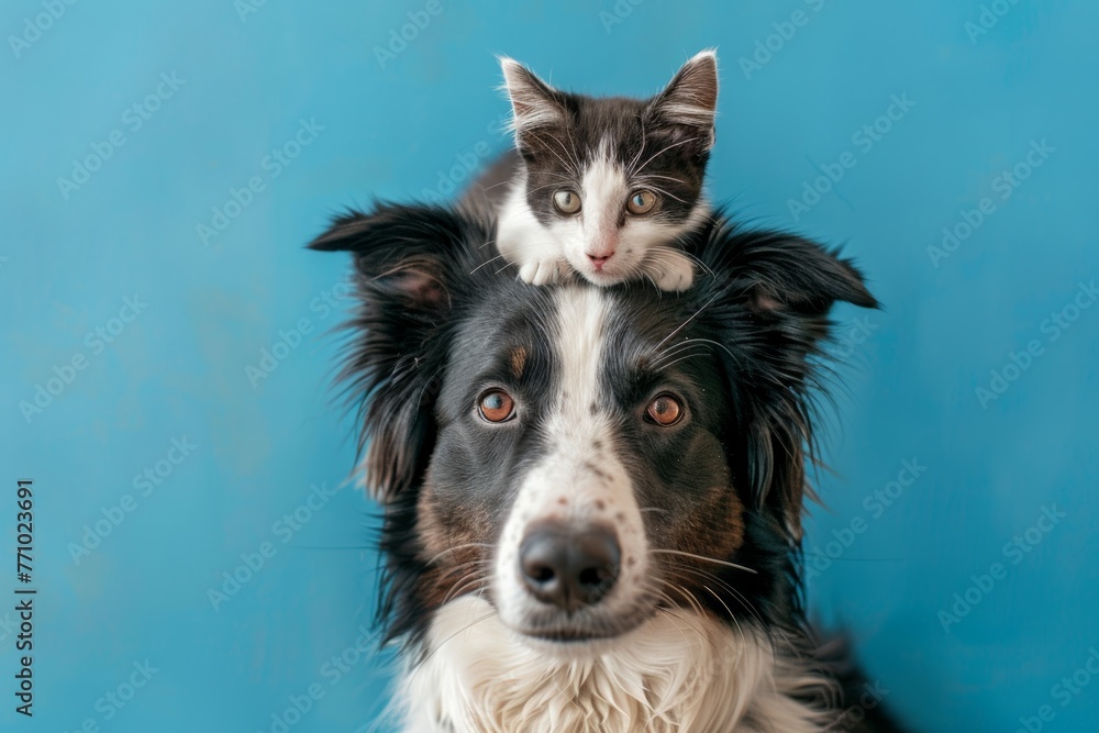 Poster adorable black and white border collie with a cat on its head posing for the camera generative ai