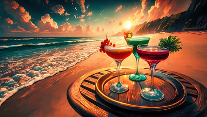 Cocktails on the beach at sunset three glasses cocktails in a glass - obrazy, fototapety, plakaty