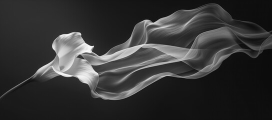 Fototapeta premium Calla lily and airy textile flow. A white calla lily with an elegant, flowing textile on a dark background, creating a sense of gentle movement