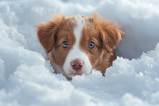 Cute Puppy Peeking from Snowy Hole with Realistic Blue Skies and Kawaii Aesthetics Generative AI