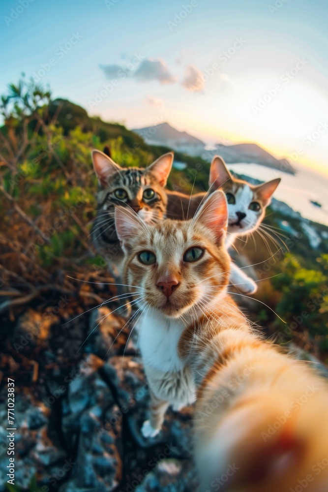 Poster three cats are taking a selfie with a camera. generative ai.