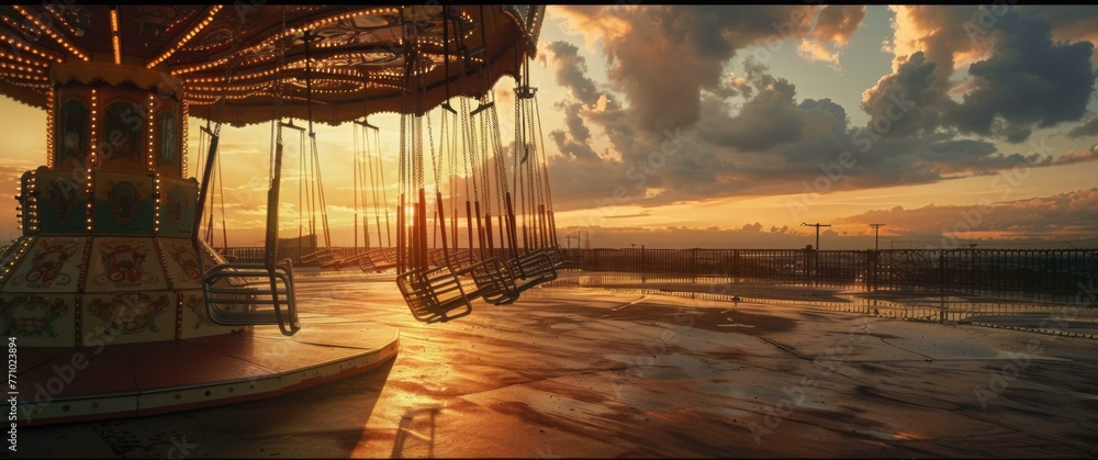 Poster a merry go round at sunset with the sun setting in the background. generative ai.