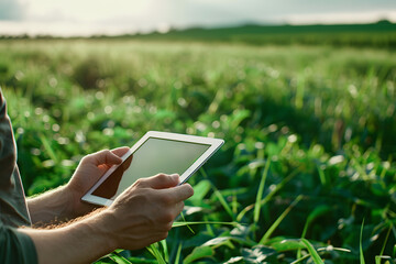 Mid section view of Male farmer using digital tablet to enter and compare data on crop field - Powered by Adobe