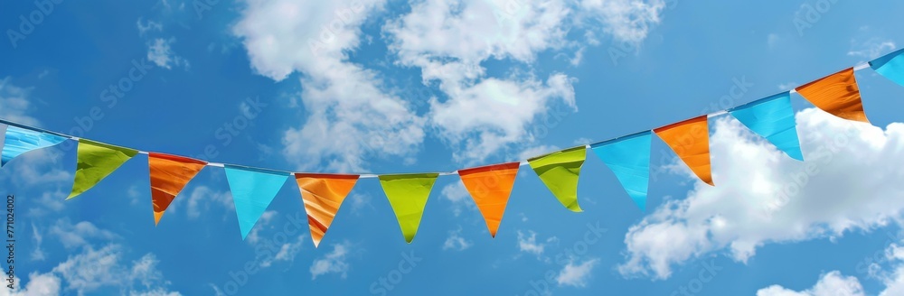 Poster a colorful bunting is hanging from a string in the sky. generative ai.