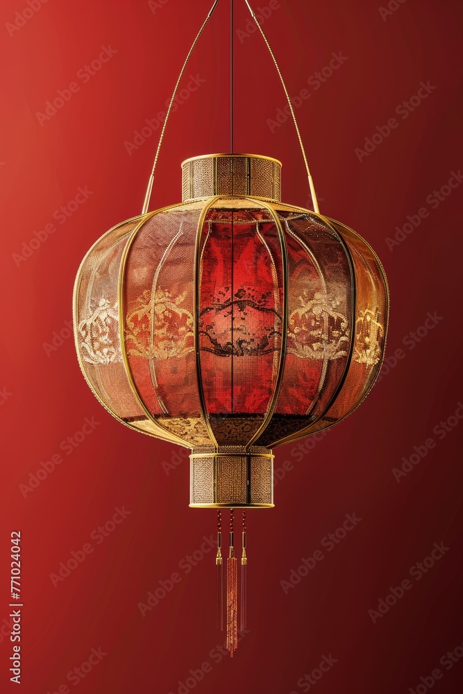 Poster golden chinese lantern: minimalist thin line drawing with fractal split effect on pure red backgroun