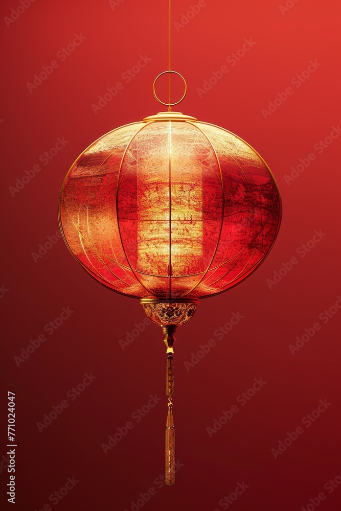Poster Golden Chinese Lantern: Minimalist Thin Line Drawing with Fractal Split Effect on Pure Red Background Generative AI