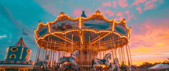 A merry-go-round with horses and lights at sunset. Generative AI. - obrazy, fototapety, plakaty
