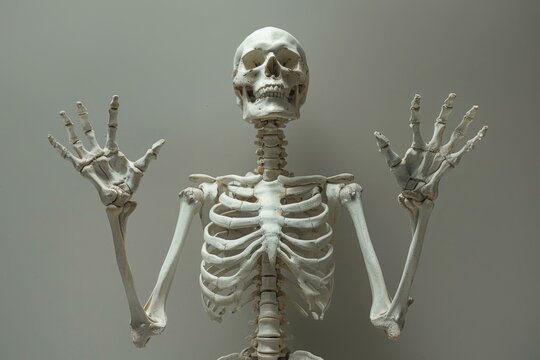A skeleton with hands up in the air on a gray background. Generative AI.
