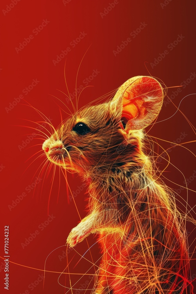 Poster high fashion golden mouse: minimalist thin line drawing with fractal split effect and pure red backg