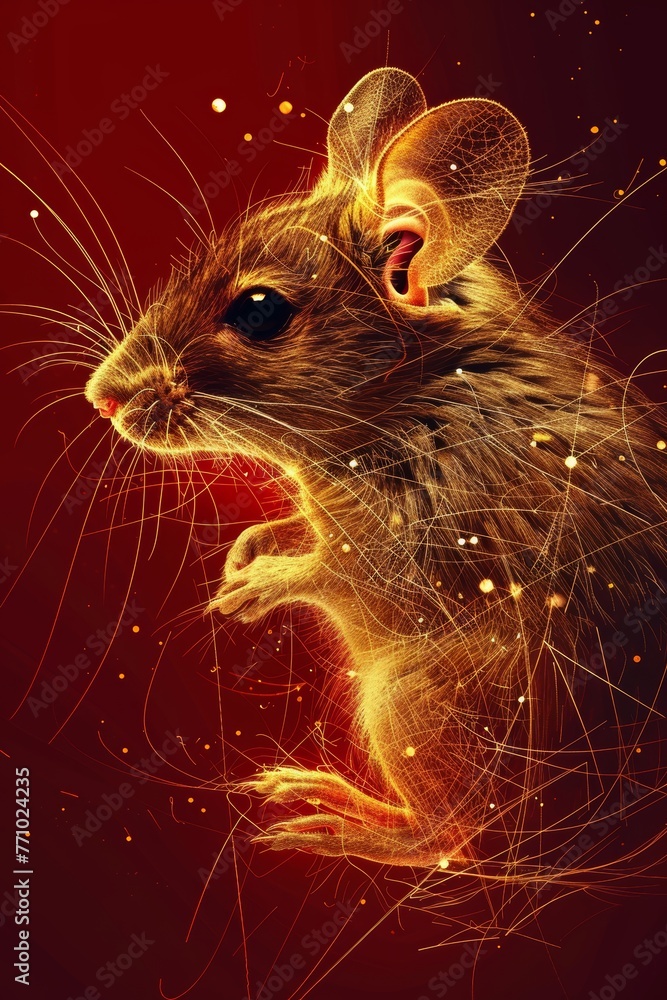 Poster high fashion golden mouse: minimalist thin line drawing with fractal split effect and pure red backg