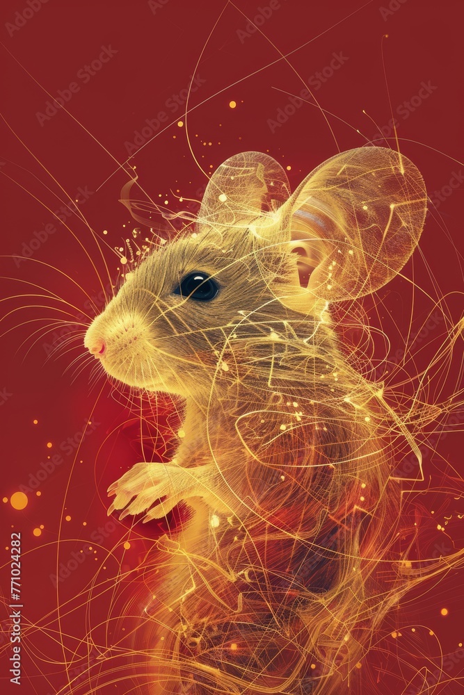 Poster high fashion golden mouse: minimalist thin line drawing with fractal split effect and pure red backg