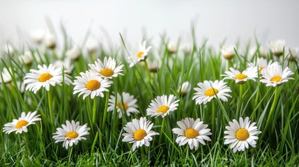 Serene White Daisies Sprinkled on Lush Green Grass