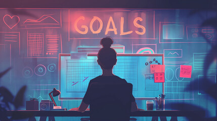 Woman Gazing at Glowing Goals Sign Surrounded by Graphs and Charts